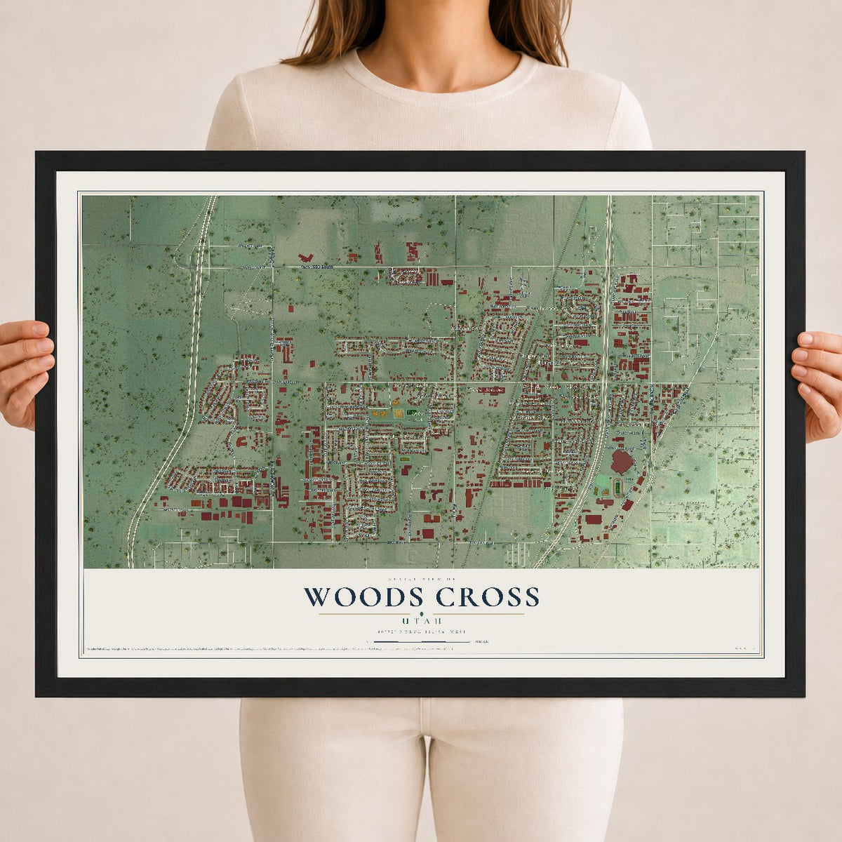Map of Woods Cross, Utah, 18 x 24 inch print in a black wood frame