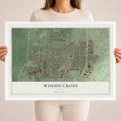 Map of Woods Cross, Utah, 18 x 24 inch print in a white wood frame