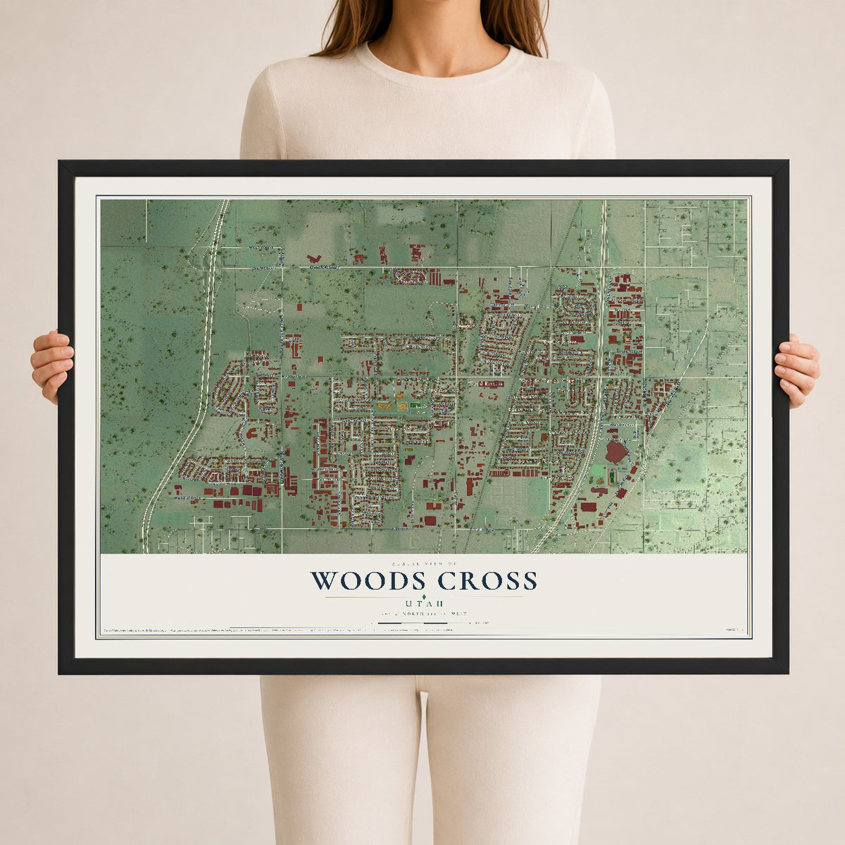 Map of Woods Cross, Utah, 24 x 36 inch print in a black wood frame