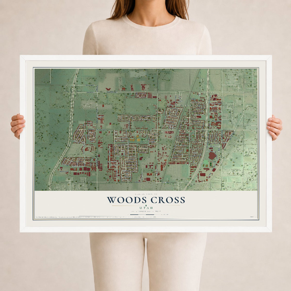 Map of Woods Cross, Utah, 24 x 36 inch print in a white wood frame