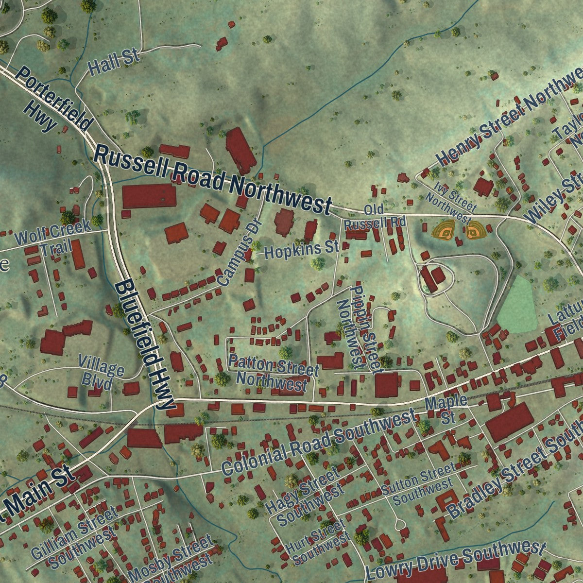 Second close-up of the map of Abingdon, Virginia print showing more streets and buildings