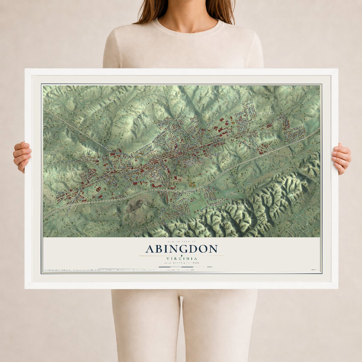 Map of Abingdon, Virginia, 24 x 36 inch print in a white wood frame