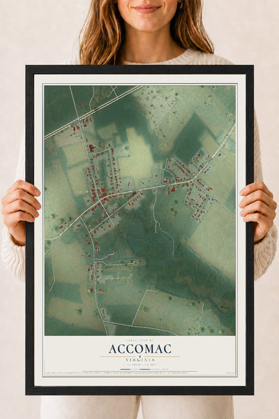 Map of Accomac, Virginia, 18 x 24 inch print in a black wood frame