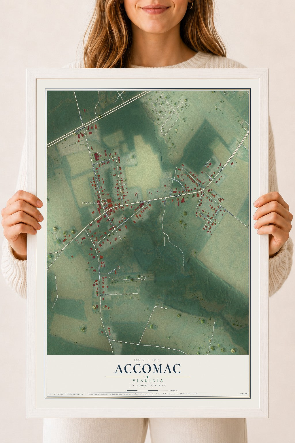 Map of Accomac, Virginia, 18 x 24 inch print in a white wood frame