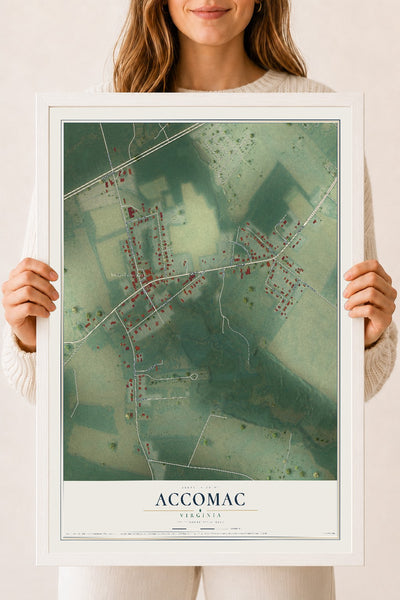 Map of Accomac, Virginia, 18 x 24 inch print in a white wood frame