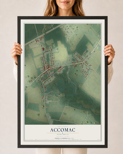 Map of Accomac, Virginia, 24 x 36 inch print in a black wood frame