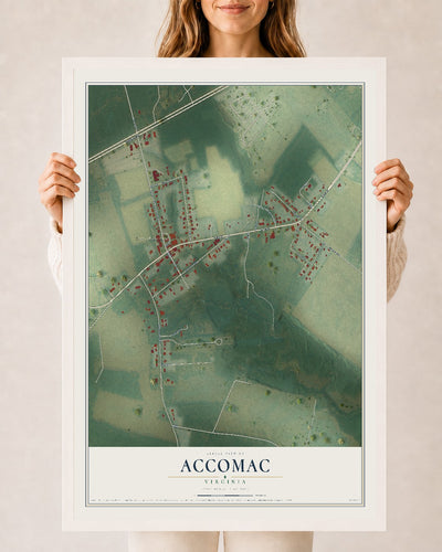 Map of Accomac, Virginia, 24 x 36 inch print in a white wood frame