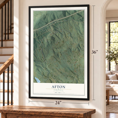 Afton, Virginia map, 24 x 36 inch print in a black frame by a staircase