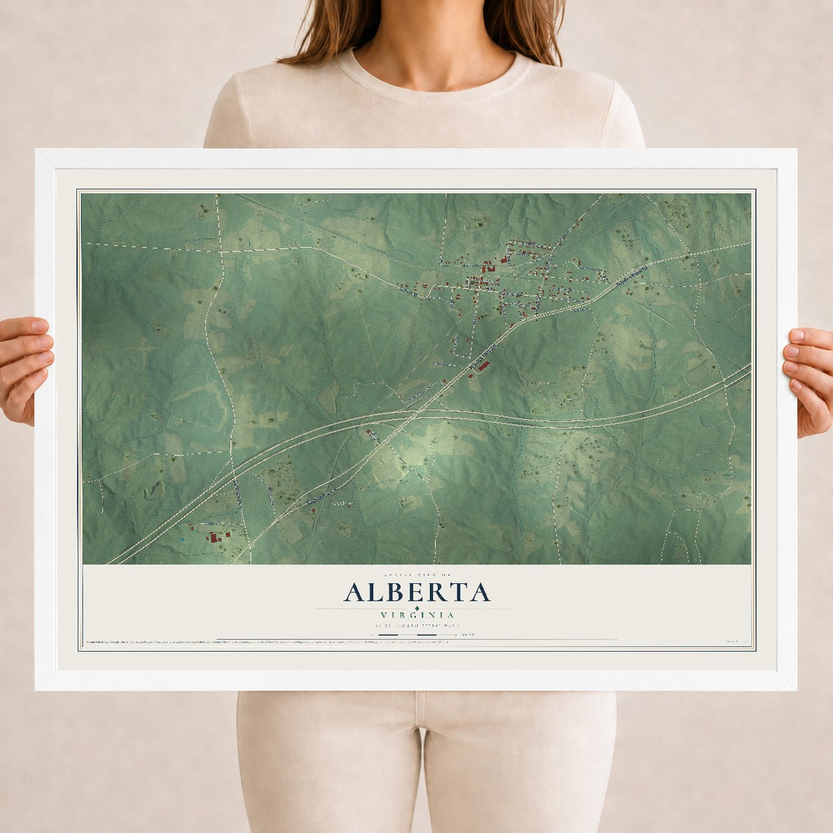 Map of Alberta, Virginia, 18 x 24 inch print in a white wood frame