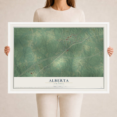 Map of Alberta, Virginia, 24 x 36 inch print in a white wood frame