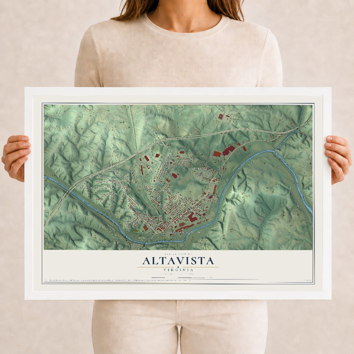 Map of Altavista, Virginia, 12 x 18 inch print in a white wood frame