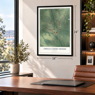 Amelia Court House, Virginia map, 18 x 24 inch print in a black frame in a home office