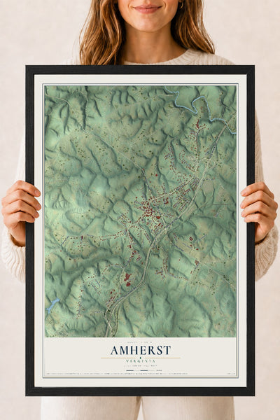 Map of Amherst, Virginia, 18 x 24 inch print in a black wood frame