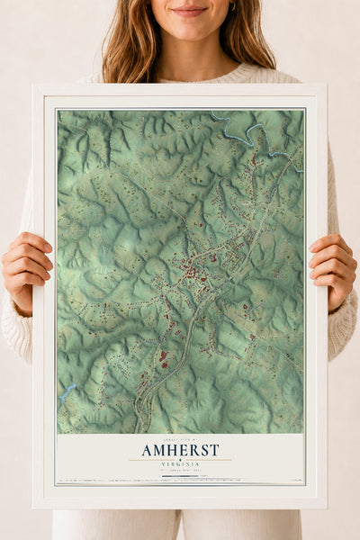 Map of Amherst, Virginia, 18 x 24 inch print in a white wood frame