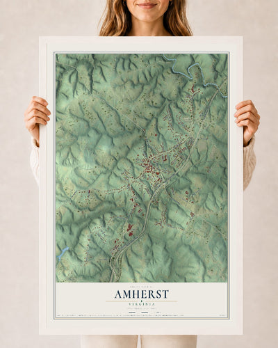 Map of Amherst, Virginia, 24 x 36 inch print in a white wood frame