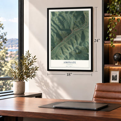 Amonate, Virginia map, 18 x 24 inch print in a black frame in a home office
