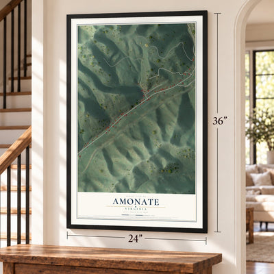 Amonate, Virginia map, 24 x 36 inch print in a black frame by a staircase