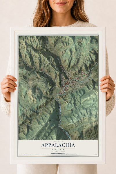 Map of Appalachia, Virginia, 18 x 24 inch print in a white wood frame