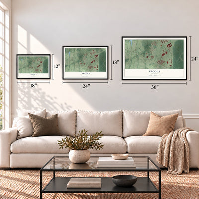 Arcola, Virginia map in 12 x 18, 18 x 24 and 24 x 36 inch sizes above a sofa