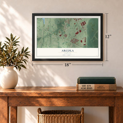 Arcola, Virginia map, 12 x 18 inch print in a black frame in an entryway