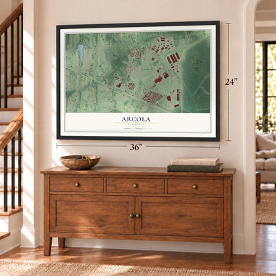 Arcola, Virginia map, 24 x 36 inch print in a black frame above a dresser by a staircase