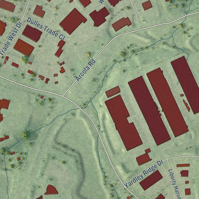 Close-up of the map of Arcola, Virginia print showing street and building detail