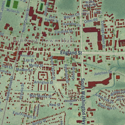 Close-up of the map of Ashland, Virginia print showing street and building detail