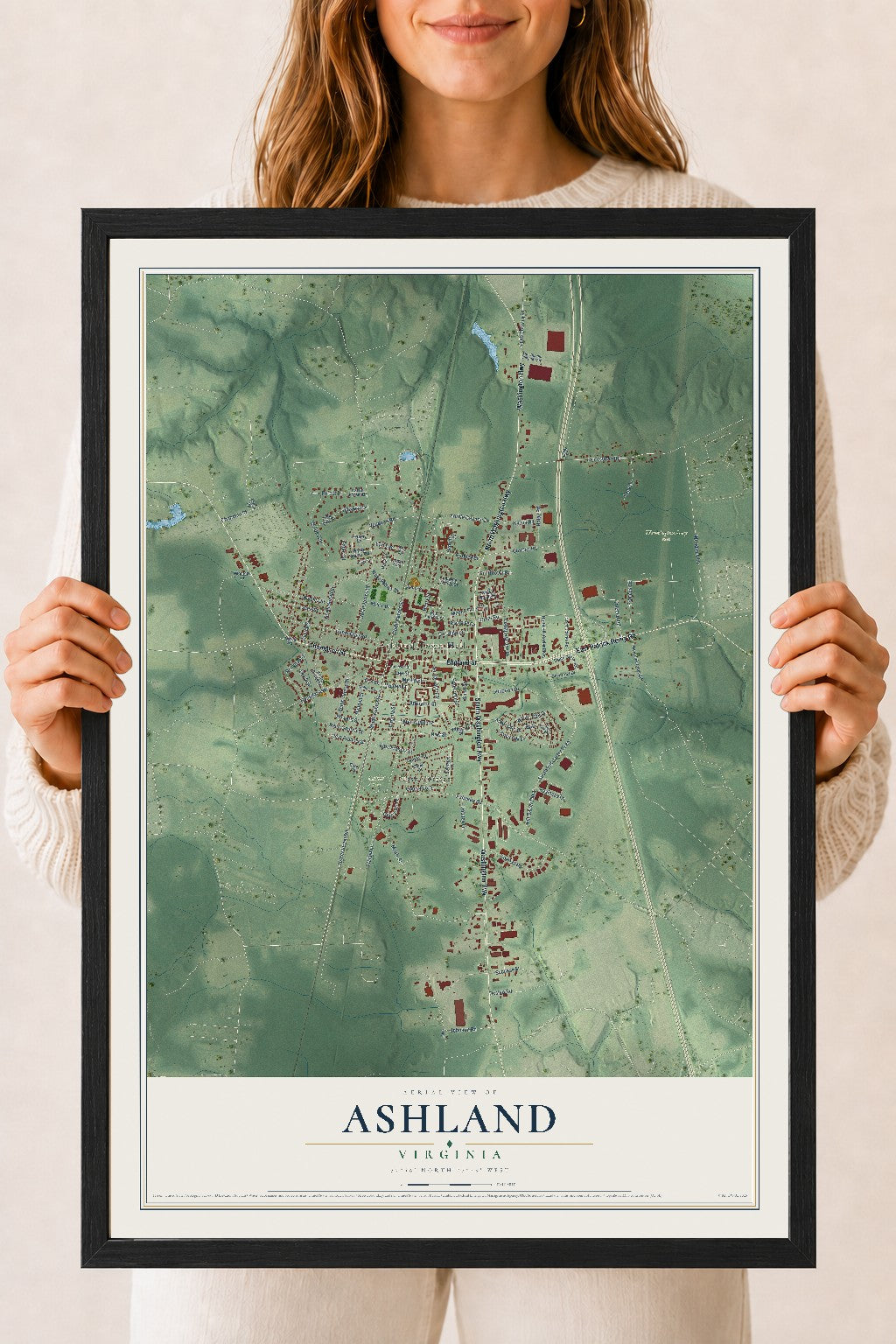 Map of Ashland, Virginia, 18 x 24 inch print in a black wood frame