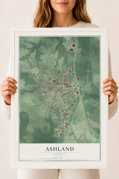 Map of Ashland, Virginia, 18 x 24 inch print in a white wood frame