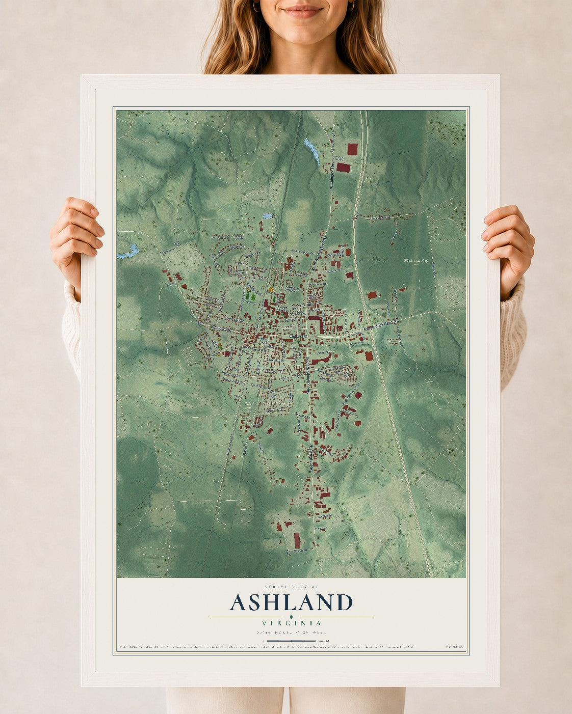 Map of Ashland, Virginia, 24 x 36 inch print in a white wood frame