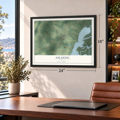 Atlantic, Virginia map, 18 x 24 inch print in a black frame in a home office