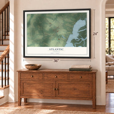 Atlantic, Virginia map, 24 x 36 inch print in a black frame above a dresser by a staircase