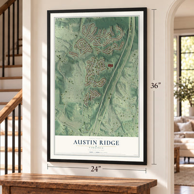 Austin Ridge, Virginia map, 24 x 36 inch print in a black frame by a staircase