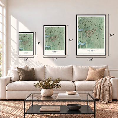 Avalon, Virginia map in 12 x 18, 18 x 24 and 24 x 36 inch sizes above a sofa
