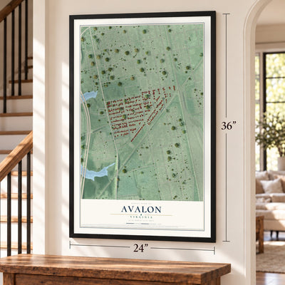 Avalon, Virginia map, 24 x 36 inch print in a black frame by a staircase