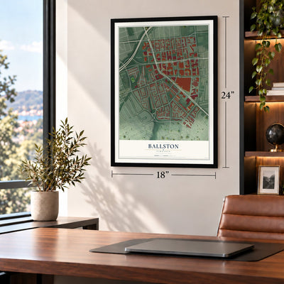 Ballston, Virginia map, 18 x 24 inch print in a black frame in a home office