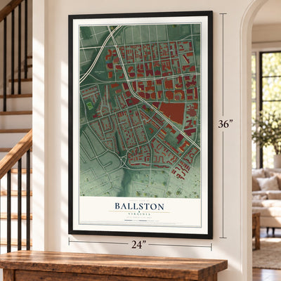 Ballston, Virginia map, 24 x 36 inch print in a black frame by a staircase