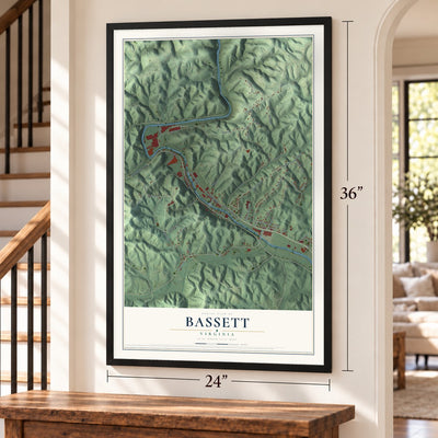Bassett, Virginia map, 24 x 36 inch print in a black frame by a staircase
