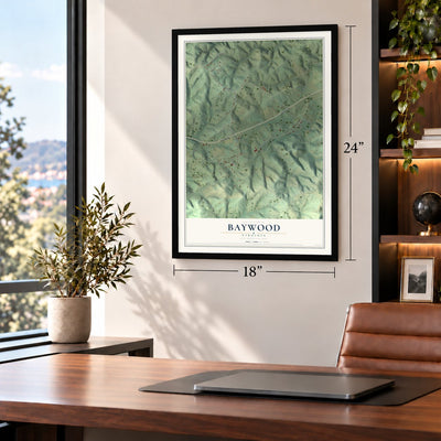 Baywood, Virginia map, 18 x 24 inch print in a black frame in a home office