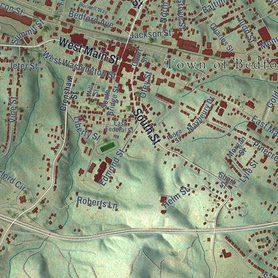Close-up of the map of Bedford, Virginia print showing street and building detail