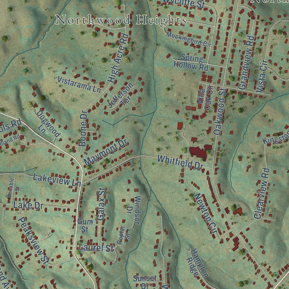 Second close-up of the map of Bedford, Virginia print showing more streets and buildings