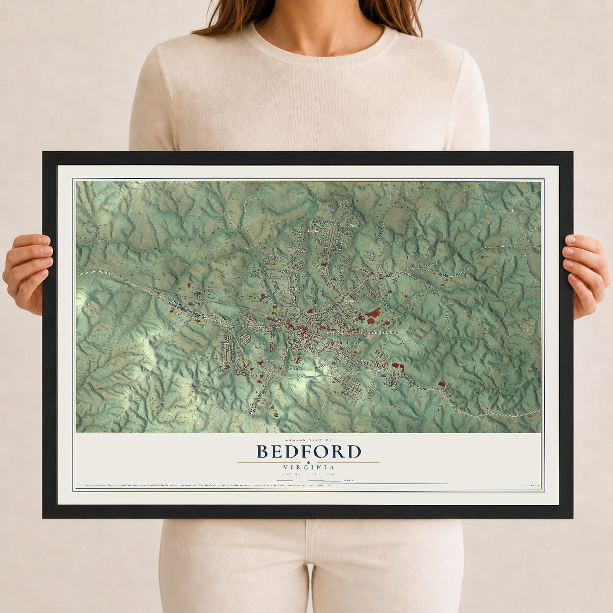 Map of Bedford, Virginia, 12 x 18 inch print in a black wood frame