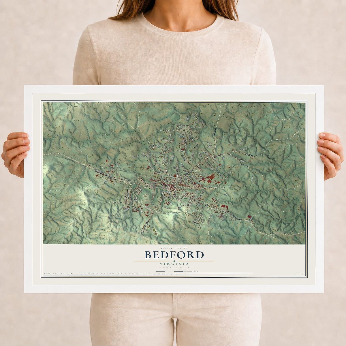 Map of Bedford, Virginia, 12 x 18 inch print in a white wood frame