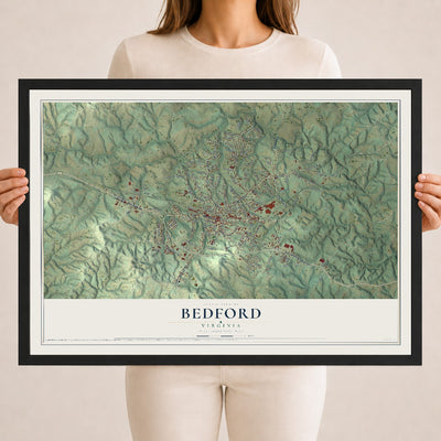 Map of Bedford, Virginia, 18 x 24 inch print in a black wood frame