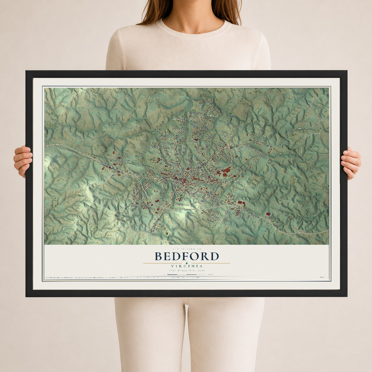 Map of Bedford, Virginia, 24 x 36 inch print in a black wood frame