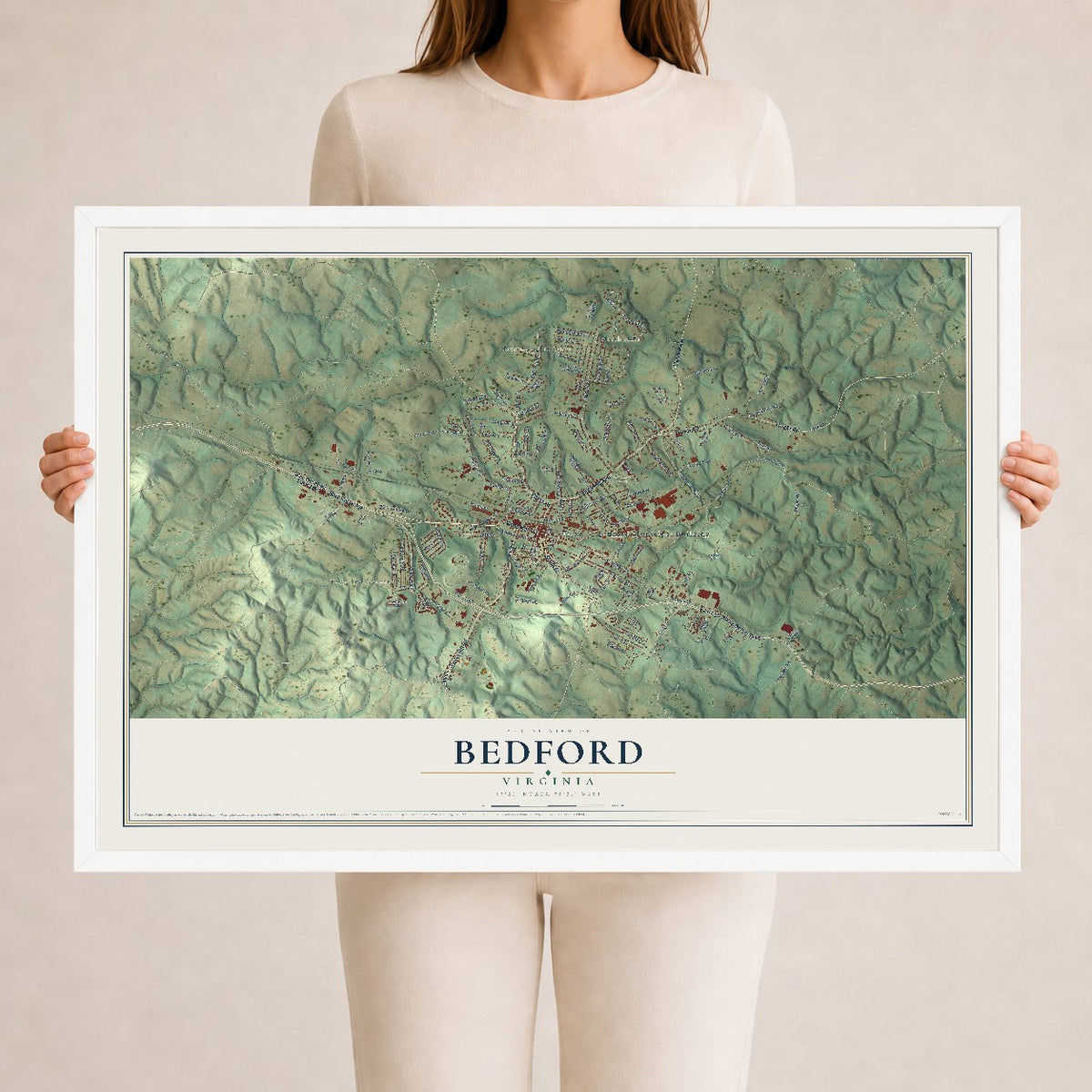 Map of Bedford, Virginia, 24 x 36 inch print in a white wood frame