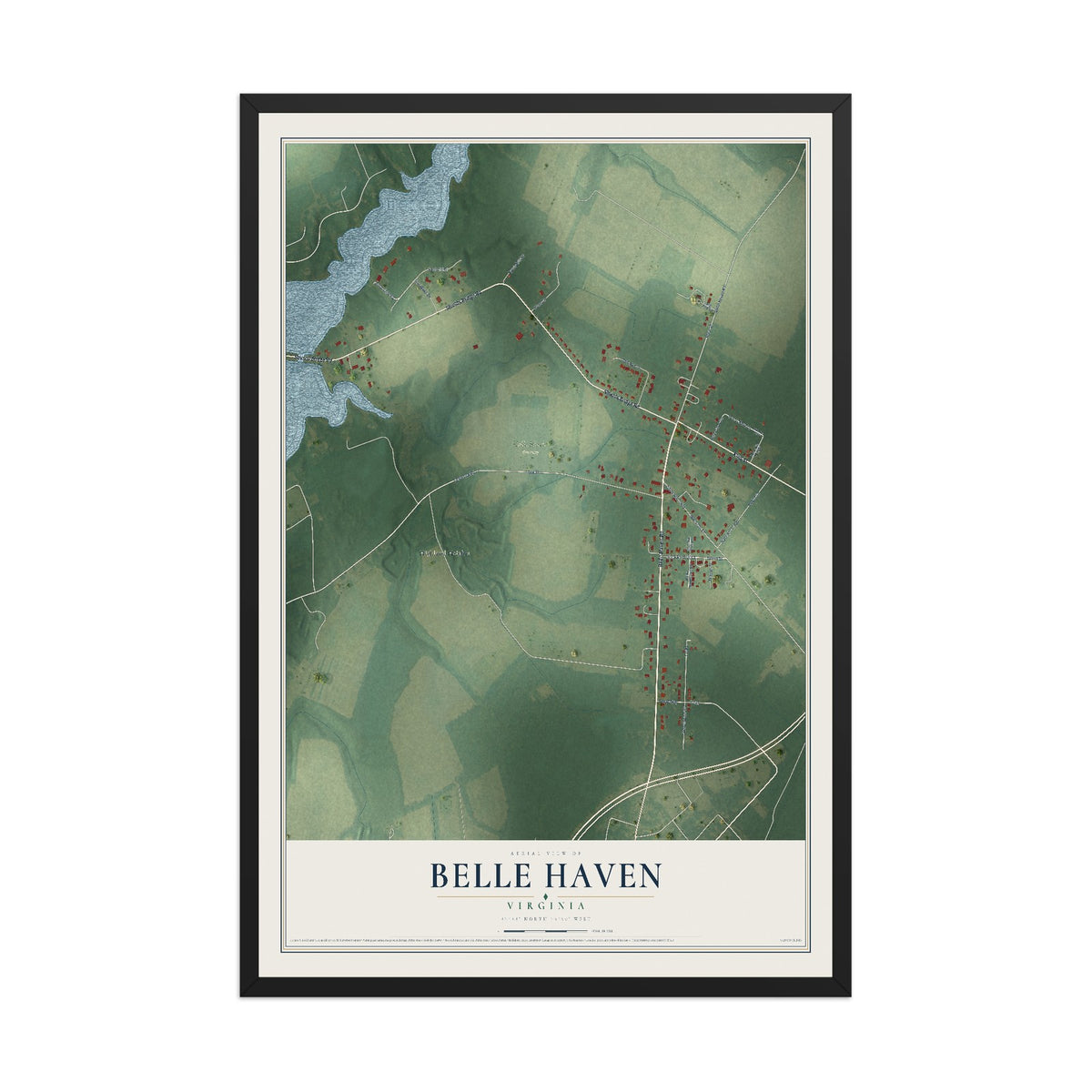 Map of Belle Haven, Virginia, 12 x 18 inch print in a black wood frame