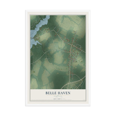 Map of Belle Haven, Virginia, 12 x 18 inch print in a white wood frame