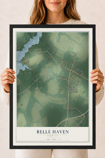 Map of Belle Haven, Virginia, 18 x 24 inch print in a black wood frame