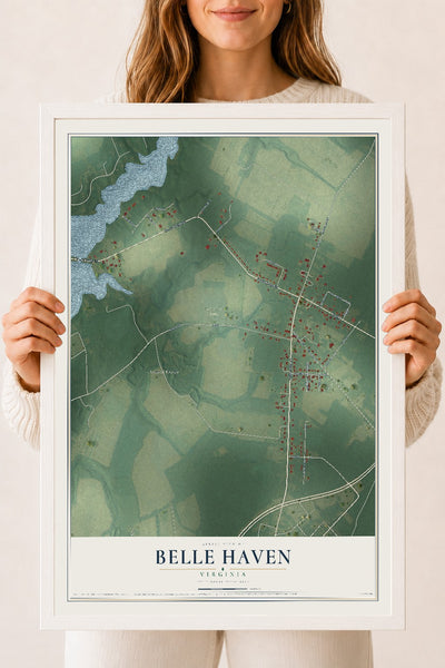 Map of Belle Haven, Virginia, 18 x 24 inch print in a white wood frame